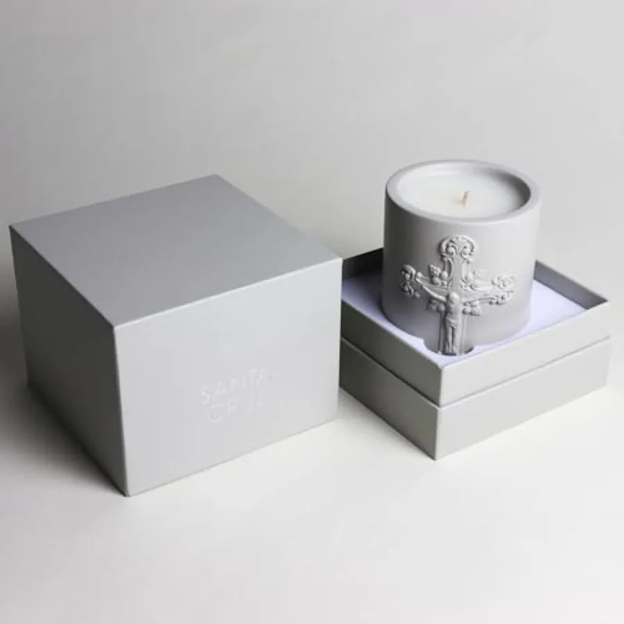 Santa Cruz Scented Candle with Prayer and Prayer Coin - Nadu Sandalwood in Decorative, Concrete Jar - Soy Coconut Aromatherapy