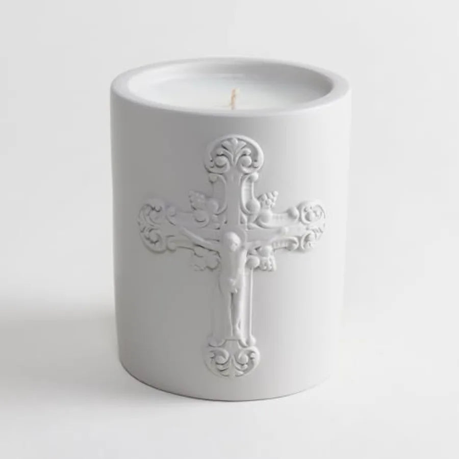 Santa Cruz Scented Candle with Prayer and Prayer Coin - Nadu Sandalwood in Decorative, Concrete Jar - Soy Coconut Aromatherapy