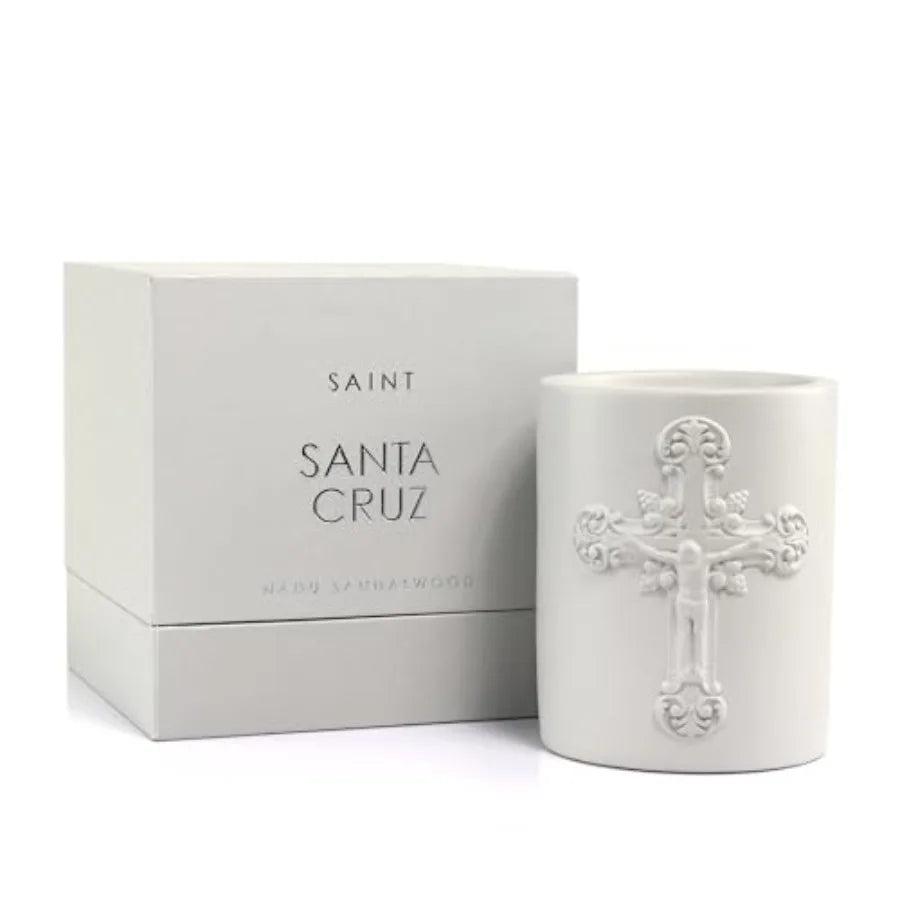Santa Cruz Scented Candle with Prayer and Prayer Coin - Nadu Sandalwood in Decorative, Concrete Jar - Soy Coconut Aromatherapy