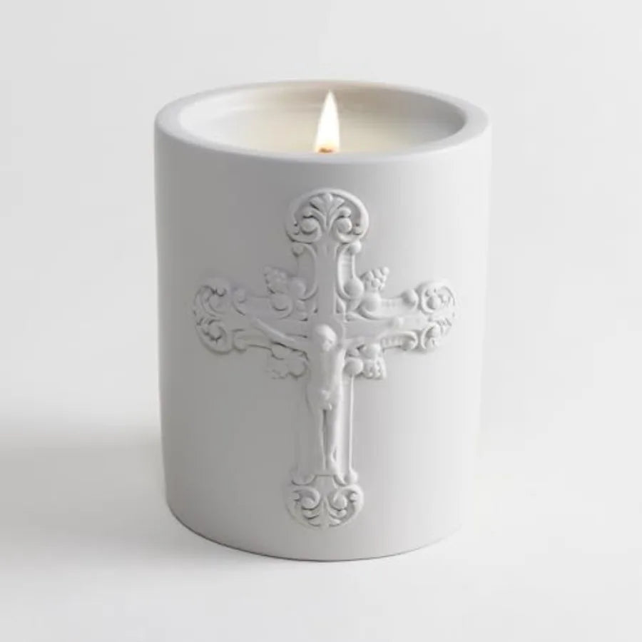 Santa Cruz Scented Candle with Prayer and Prayer Coin - Nadu Sandalwood in Decorative, Concrete Jar - Soy Coconut Aromatherapy